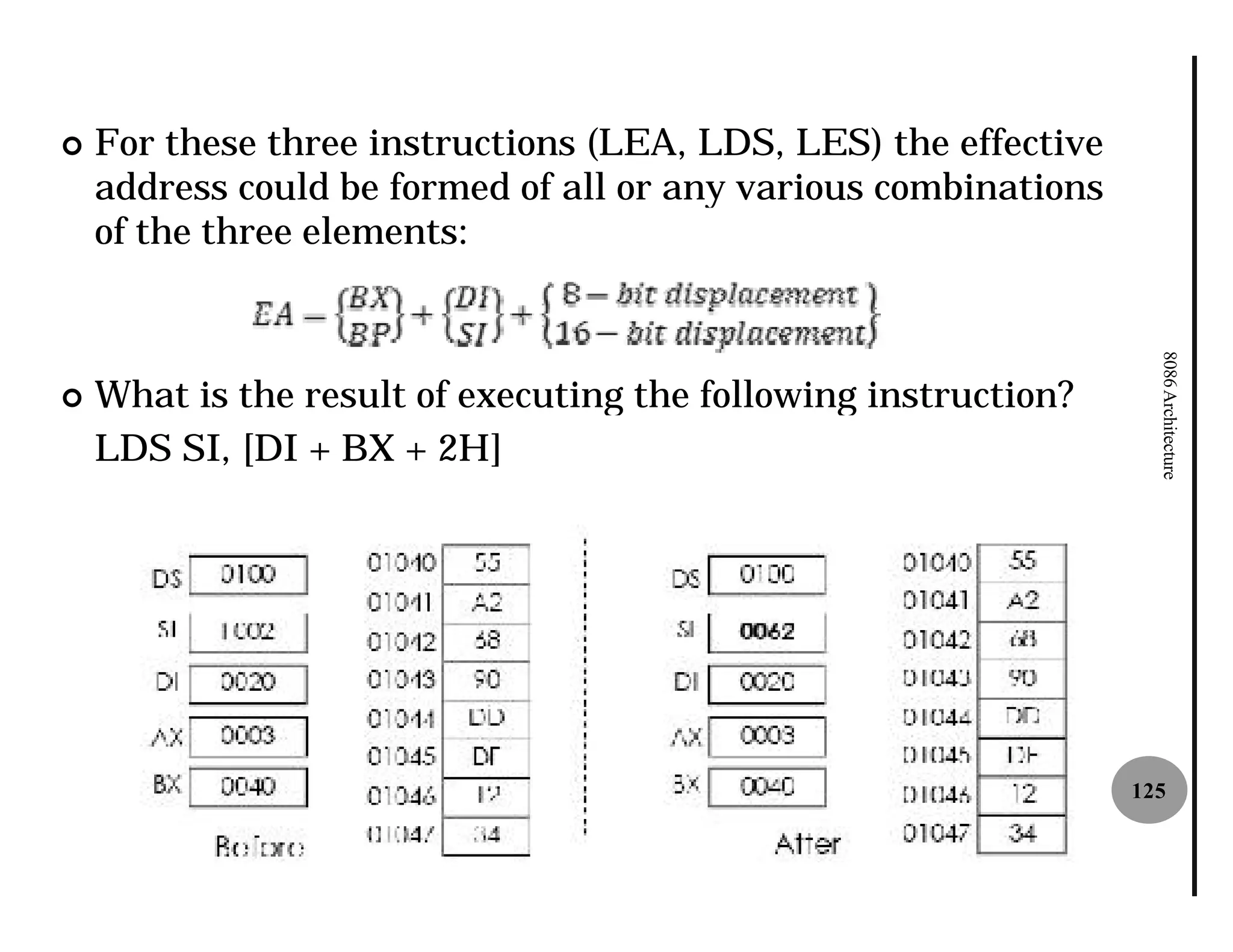 ¢   For these three instructions (LEA, LDS, LES) the effective
    address could be formed of all or any various combinations
    of the three elements:




                                                                   8086 Architecture
¢   What is the result of executing the following instruction?
    LDS SI, [DI + BX + 2H]




                                                                 125
 
