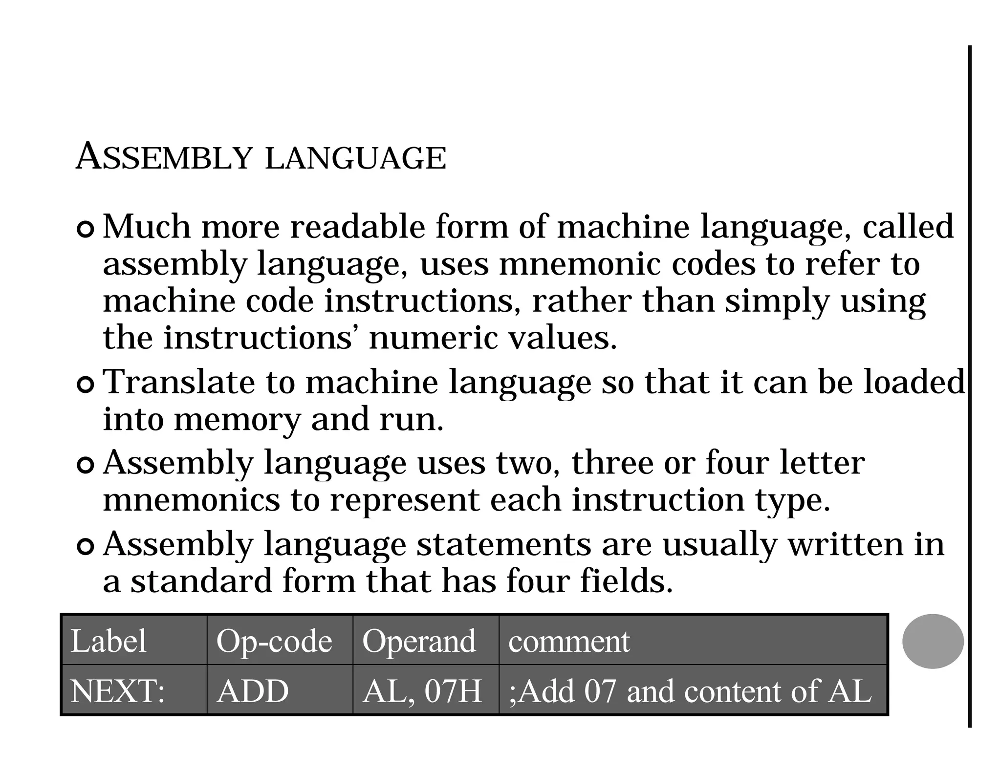 ASSEMBLY LANGUAGE
¢ Much  more readable form of machine language, called
  assembly language, uses mnemonic codes to refer to
  machine code instructions, rather than simply using
  the instructions’ numeric values.
¢ Translate to machine language so that it can be loaded
  into memory and run.
¢ Assembly language uses two, three or four letter
  mnemonics to represent each instruction type.
¢ Assembly language statements are usually written in
  a standard form that has four fields.
Label    Op-code Operand comment
NEXT:    ADD     AL, 07H ;Add 07 and content of AL
 