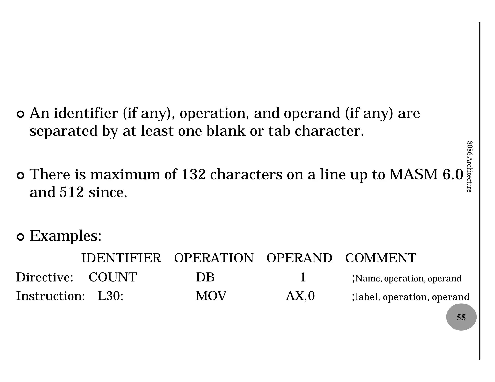 ¢   An identifier (if any), operation, and operand (if any) are
    separated by at least one blank or tab character.




                                                                                8086 Architecture
¢   There is maximum of 132 characters on a line up to MASM 6.0
    and 512 since.

¢   Examples:
           IDENTIFIER OPERATION OPERAND COMMENT
Directive: COUNT             DB             1       ;Name, operation, operand
Instruction: L30:            MOV          AX,0      ;label, operation, operand
                                                                           55
 