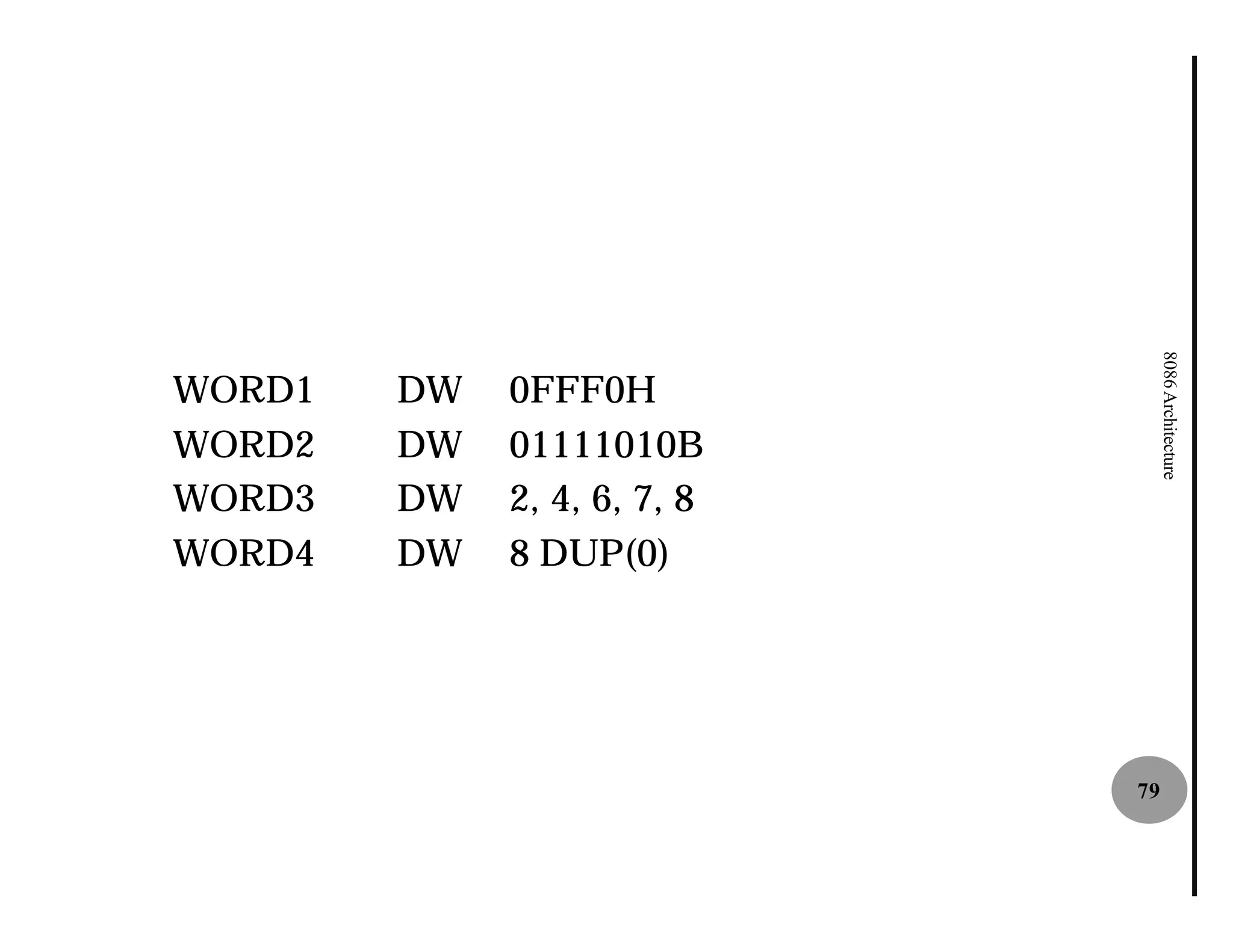 8086 Architecture
WORD1   DW   0FFF0H
WORD2   DW   01111010B
WORD3   DW   2, 4, 6, 7, 8
WORD4   DW   8 DUP(0)




                             79
 