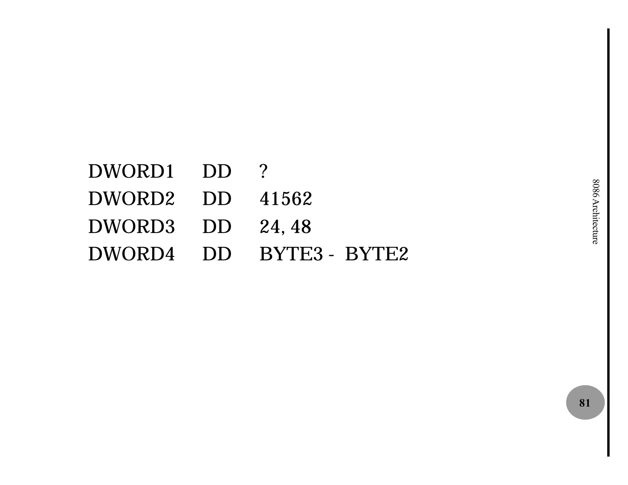 DWORD1   DD   ?




                                   8086 Architecture
DWORD2   DD   41562
DWORD3   DD   24, 48
DWORD4   DD   BYTE3 - BYTE2
                     3




                              81
 