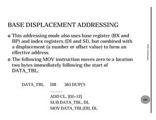 BASE DISPLACEMENT ADDRESSING
¢ This addressing mode also uses base register (BX and
  BP) and index registers (DI and SI), but combined with
  a displacement (a number or offset value) to form an




                                                             8086 Architecture
  effective address.
¢ The following MOV instruction moves zero to a location
  two bytes immediately following the start of
  DATA_TBL;

      DATA_TBL     DB    365 DUP(?)
                   ………
                   ADD CL, [DI+12]
                                                           103
                   SUB DATA_TBL, DL
                   MOV DATA_TBL[DI], DL
 
