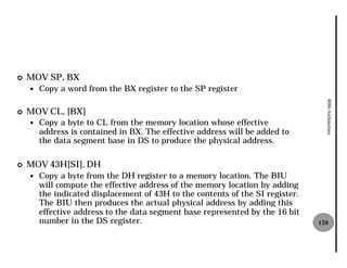 ¢   MOV SP, BX
    —   Copy a word from the BX register to the SP register




                                                                                  8086 Architecture
¢   MOV CL, [BX]
    —   Copy a byte to CL from the memory location whose effective
        address is contained in BX. The effective address will be added to
        the data segment base in DS to produce the physical address.

¢   MOV 43H[SI], DH
    —   Copy a byte from the DH register to a memory location. The BIU
        will compute the effective address of the memory location by adding
        the indicated displacement of 43H to the contents of the SI register.
        The BIU then produces the actual physical address by adding this
        effective address to the data segment base represented by the 16 bit
        number in the DS register.                                              120
 