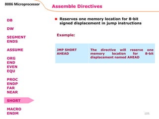 Assemble Directives
105
8086 Microprocessor
DB
DW
SEGMENT
ENDS
ASSUME
ORG
END
EVEN
EQU
PROC
ENDP
FAR
NEAR
SHORT
MACRO
ENDM
Reserves one memory location for 8-bit
signed displacement in jump instructions
JMP SHORT
AHEAD
The directive will reserve one
memory location for 8-bit
displacement named AHEAD
Example:
 