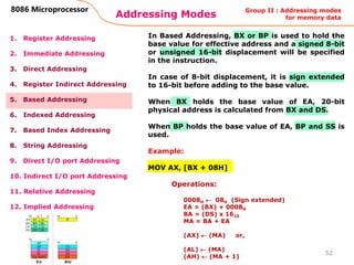 Addressing Modes
52
8086 Microprocessor
1. Register Addressing
2. Immediate Addressing
3. Direct Addressing
4. Register Indirect Addressing
5. Based Addressing
6. Indexed Addressing
7. Based Index Addressing
8. String Addressing
9. Direct I/O port Addressing
10. Indirect I/O port Addressing
11. Relative Addressing
12. Implied Addressing
In Based Addressing, BX or BP is used to hold the
base value for effective address and a signed 8-bit
or unsigned 16-bit displacement will be specified
in the instruction.
In case of 8-bit displacement, it is sign extended
to 16-bit before adding to the base value.
When BX holds the base value of EA, 20-bit
physical address is calculated from BX and DS.
When BP holds the base value of EA, BP and SS is
used.
Example:
MOV AX, [BX + 08H]
Operations:
0008H  08H (Sign extended)
EA = (BX) + 0008H
BA = (DS) x 1610
MA = BA + EA
(AX)  (MA) or,
(AL)  (MA)
(AH)  (MA + 1)
Group II : Addressing modes
for memory data
 