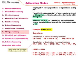 Addressing Modes
55
8086 Microprocessor
1. Register Addressing
2. Immediate Addressing
3. Direct Addressing
4. Register Indirect Addressing
5. Based Addressing
6. Indexed Addressing
7. Based Index Addressing
8. String Addressing
9. Direct I/O port Addressing
10. Indirect I/O port Addressing
11. Relative Addressing
12. Implied Addressing
Employed in string operations to operate on string
data.
The effective address (EA) of source data is stored
in SI register and the EA of destination is stored in
DI register.
Segment register for calculating base address of
source data is DS and that of the destination data
is ES
Example: MOVS BYTE
Operations:
Calculation of source memory location:
EA = (SI) BA = (DS) x 1610 MA = BA + EA
Calculation of destination memory location:
EAE = (DI) BAE = (ES) x 1610 MAE = BAE + EAE
(MAE)  (MA)
If DF = 1, then (SI)  (SI) – 1 and (DI) = (DI) - 1
If DF = 0, then (SI)  (SI) +1 and (DI) = (DI) + 1
Group II : Addressing modes
for memory data
Note : Effective address of
the Extra segment register
 