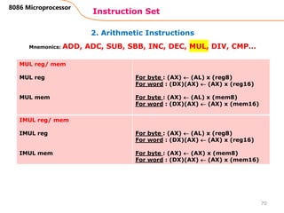 2. Arithmetic Instructions
Instruction Set
70
8086 Microprocessor
Mnemonics: ADD, ADC, SUB, SBB, INC, DEC, MUL, DIV, CMP…
MUL reg/ mem
MUL reg
MUL mem
For byte : (AX)  (AL) x (reg8)
For word : (DX)(AX)  (AX) x (reg16)
For byte : (AX)  (AL) x (mem8)
For word : (DX)(AX)  (AX) x (mem16)
IMUL reg/ mem
IMUL reg
IMUL mem
For byte : (AX)  (AL) x (reg8)
For word : (DX)(AX)  (AX) x (reg16)
For byte : (AX)  (AX) x (mem8)
For word : (DX)(AX)  (AX) x (mem16)
 
