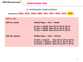 2. Arithmetic Instructions
Instruction Set
75
8086 Microprocessor
Mnemonics: ADD, ADC, SUB, SBB, INC, DEC, MUL, DIV, CMP…
CMP A, data
CMP AL, data8
CMP AX, data16
Modify flags  (AL) – data8
If (AL) > data8 then CF=0, ZF=0, SF=0
If (AL) < data8 then CF=1, ZF=0, SF=1
If (AL) = data8 then CF=0, ZF=1, SF=0
Modify flags  (AX) – data16
If (AX) > data16 then CF=0, ZF=0, SF=0
If (mem) < data16 then CF=1, ZF=0, SF=1
If (mem) = data16 then CF=0, ZF=1, SF=0
 