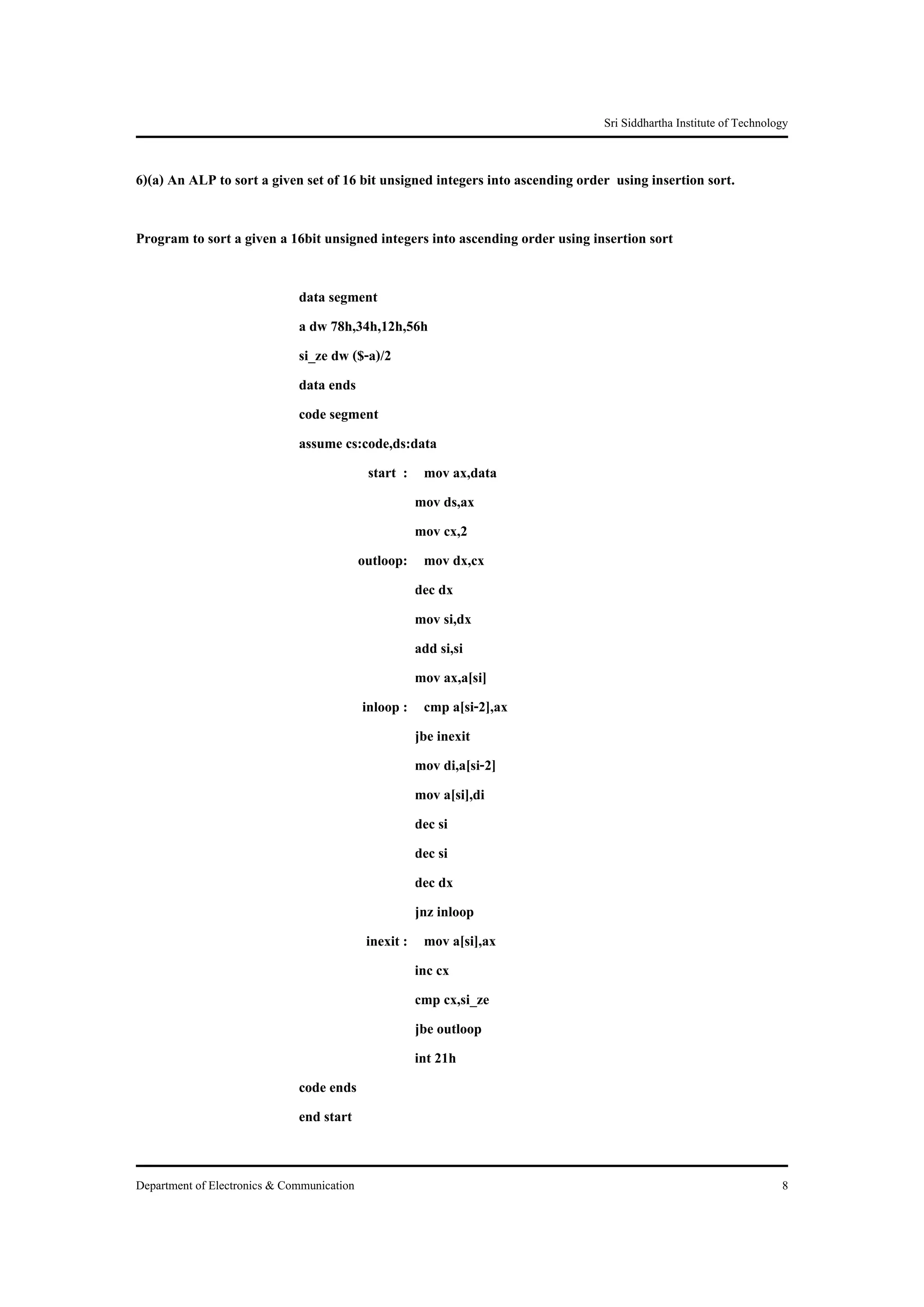 Sri Siddhartha Institute of Technology


6)(a) An ALP to sort a given set of 16 bit unsigned integers into ascending order using insertion sort.

Program to sort a given a 16bit unsigned integers into ascending order using insertion sort

                              data segment
                              a dw 78h,34h,12h,56h
                              si_ze dw ($-a)/2
                              data ends
                              code segment
                              assume cs:code,ds:data
                                           start : mov ax,data
                                                  mov ds,ax
                                                  mov cx,2
                                        outloop: mov dx,cx
                                                  dec dx
                                                  mov si,dx
                                                  add si,si
                                                  mov ax,a[si]
                                         inloop : cmp a[si-2],ax
                                                  jbe inexit
                                                  mov di,a[si-2]
                                                  mov a[si],di
                                                  dec si
                                                  dec si
                                                  dec dx
                                                  jnz inloop
                                          inexit : mov a[si],ax
                                                  inc cx
                                                  cmp cx,si_ze
                                                  jbe outloop
                                                  int 21h
                              code ends
                              end start


Department of Electronics & Communication                                                                           8
 