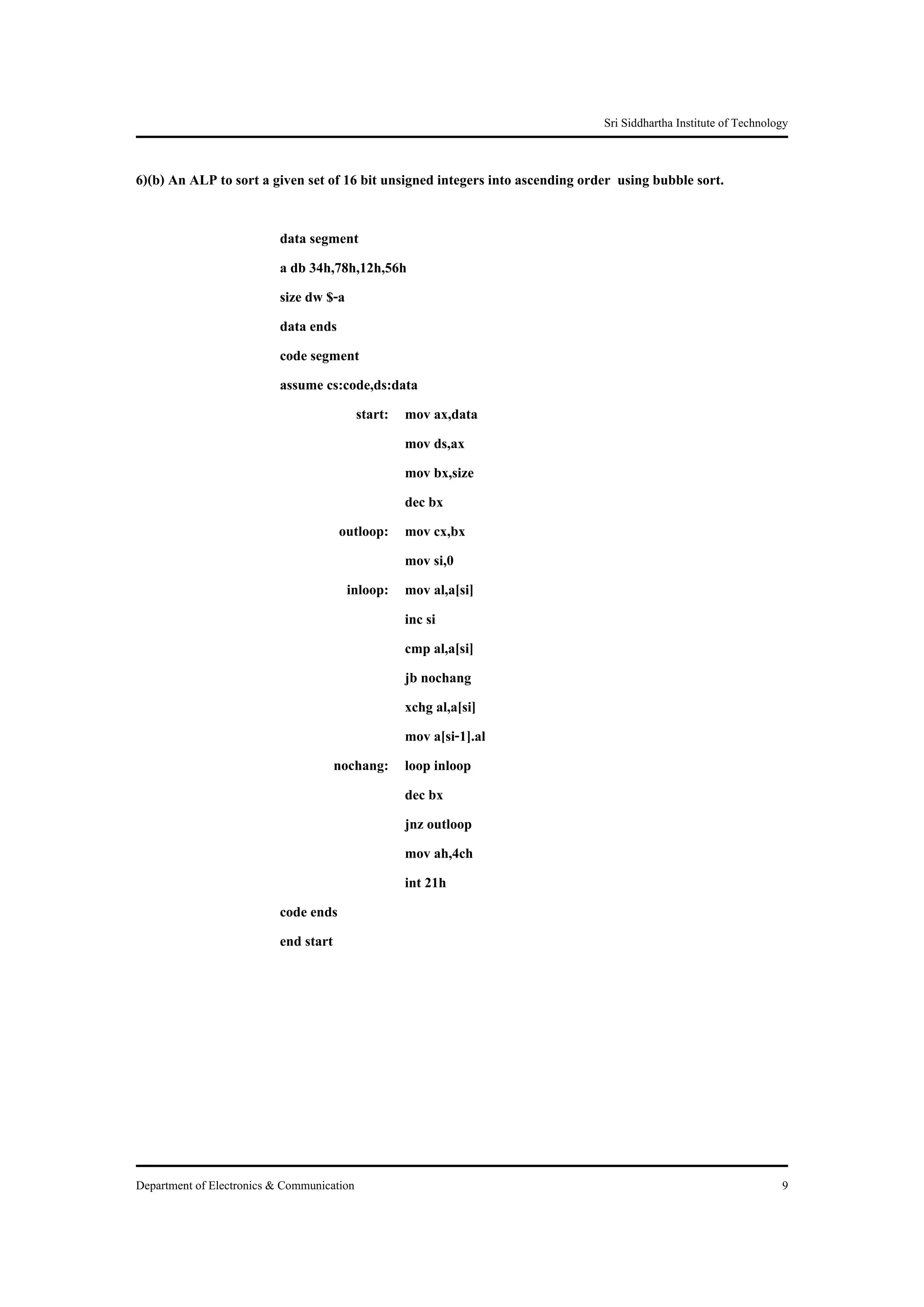 Sri Siddhartha Institute of Technology


6)(b) An ALP to sort a given set of 16 bit unsigned integers into ascending order using bubble sort.

                           data segment
                           a db 34h,78h,12h,56h
                           size dw $-a
                           data ends
                           code segment
                           assume cs:code,ds:data
                                         start: mov ax,data
                                                mov ds,ax
                                                mov bx,size
                                                dec bx
                                      outloop: mov cx,bx
                                                mov si,0
                                       inloop: mov al,a[si]
                                                inc si
                                                cmp al,a[si]
                                                jb nochang
                                                xchg al,a[si]
                                                mov a[si-1].al
                                     nochang: loop inloop
                                                dec bx
                                                jnz outloop
                                                mov ah,4ch
                                                int 21h
                           code ends
                           end start




Department of Electronics & Communication                                                                          9
 