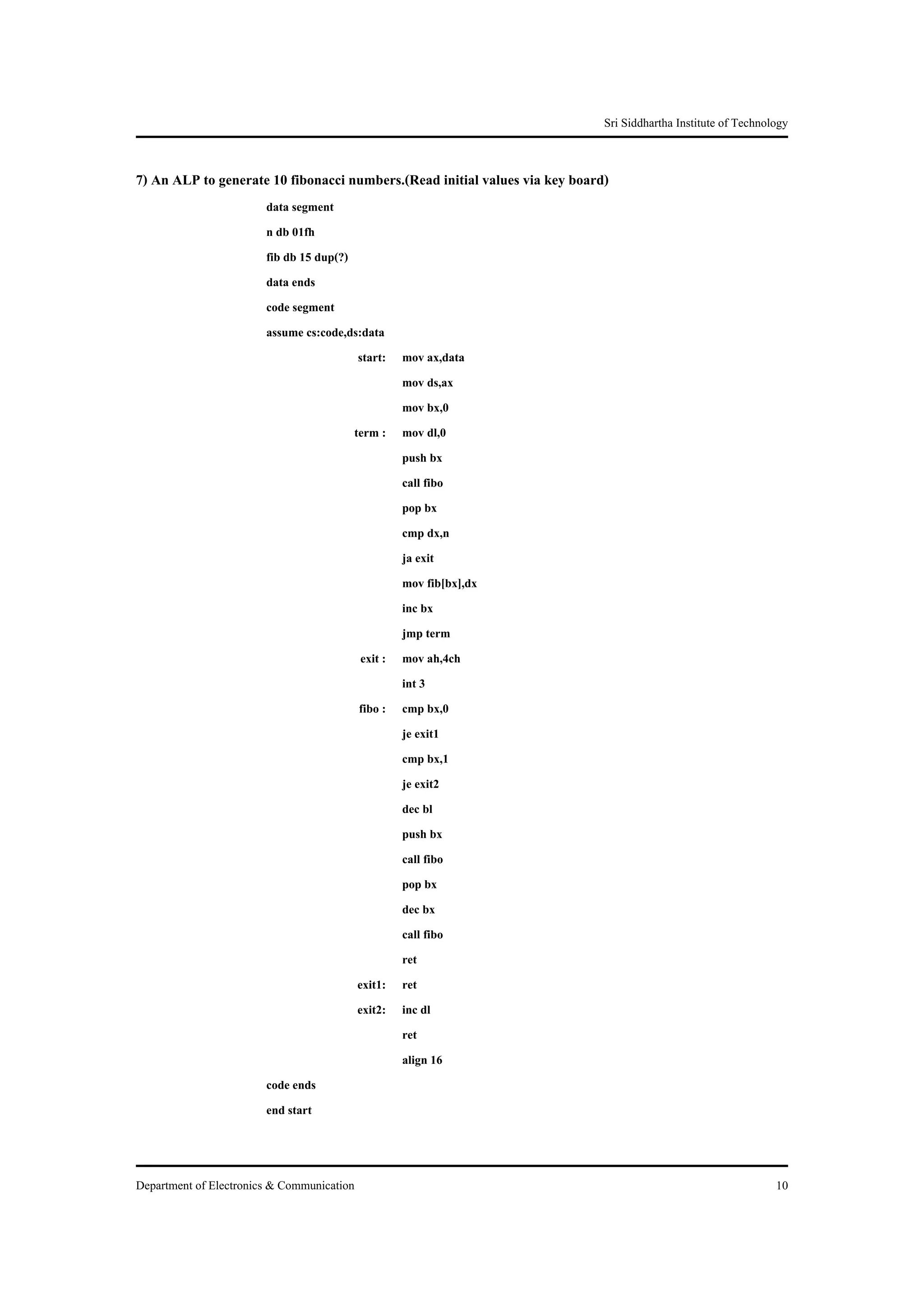 Sri Siddhartha Institute of Technology


7) An ALP to generate 10 fibonacci numbers.(Read initial values via key board)
                        data segment
                        n db 01fh
                        fib db 15 dup(?)
                        data ends
                        code segment
                        assume cs:code,ds:data
                                          start: mov ax,data
                                                  mov ds,ax
                                                  mov bx,0
                                         term : mov dl,0
                                                  push bx
                                                  call fibo
                                                  pop bx
                                                  cmp dx,n
                                                  ja exit
                                                  mov fib[bx],dx
                                                  inc bx
                                                  jmp term
                                           exit : mov ah,4ch
                                                  int 3
                                          fibo : cmp bx,0
                                                  je exit1
                                                  cmp bx,1
                                                  je exit2
                                                  dec bl
                                                  push bx
                                                  call fibo
                                                  pop bx
                                                  dec bx
                                                  call fibo
                                                  ret
                                          exit1: ret
                                          exit2: inc dl
                                                  ret
                                                  align 16
                        code ends
                        end start



Department of Electronics & Communication                                                                       10
 