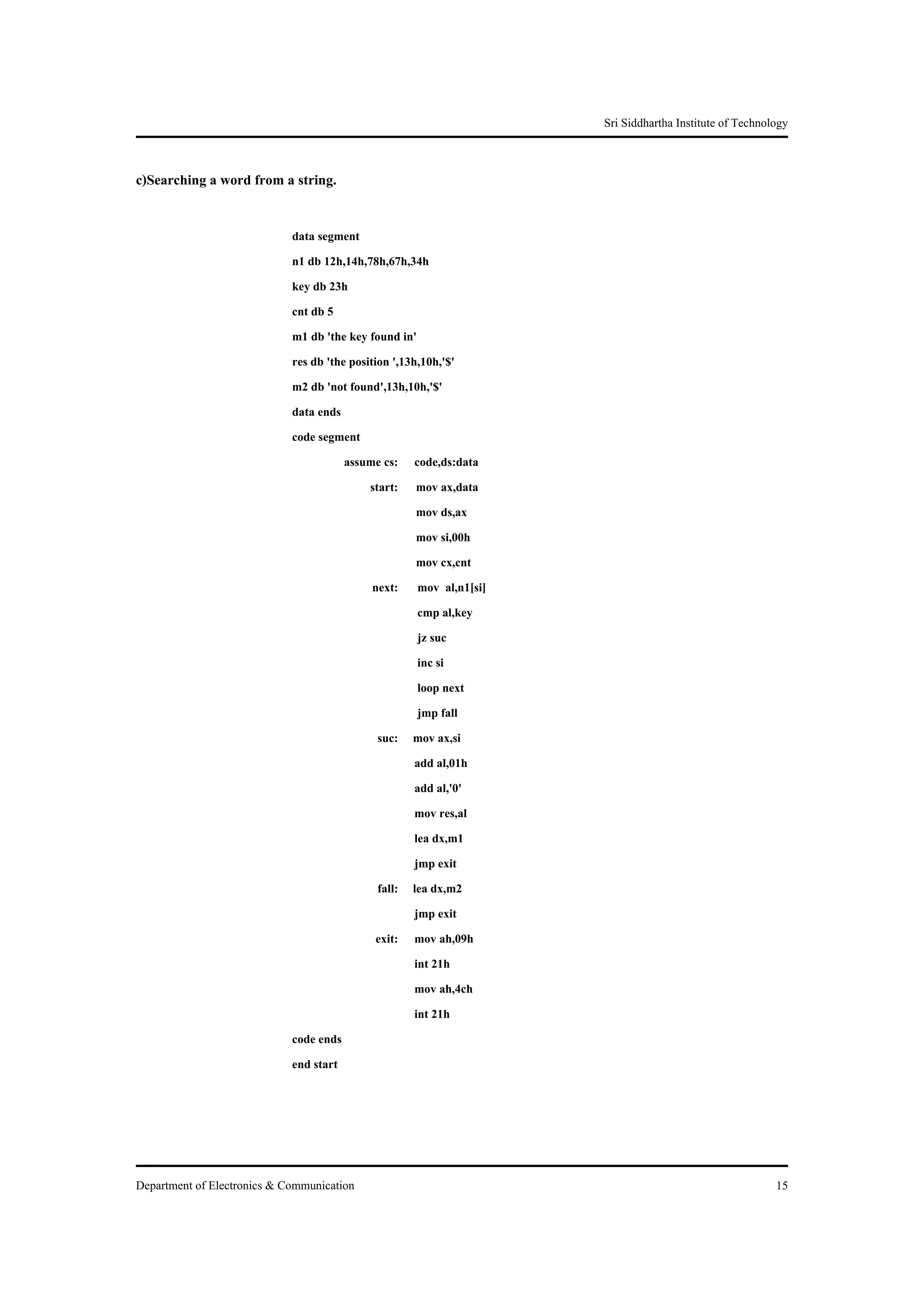 Sri Siddhartha Institute of Technology


c)Searching a word from a string.

                             data segment
                             n1 db 12h,14h,78h,67h,34h
                             key db 23h
                             cnt db 5
                             m1 db 'the key found in'
                             res db 'the position ',13h,10h,'$'
                             m2 db 'not found',13h,10h,'$'
                             data ends
                             code segment
                                        assume cs: code,ds:data
                                             start: mov ax,data
                                                       mov ds,ax
                                                       mov si,00h
                                                       mov cx,cnt
                                              next: mov al,n1[si]
                                                        cmp al,key
                                                        jz suc
                                                        inc si
                                                        loop next
                                                        jmp fall
                                               suc: mov ax,si
                                                       add al,01h
                                                       add al,'0'
                                                       mov res,al
                                                       lea dx,m1
                                                       jmp exit
                                               fall: lea dx,m2
                                                       jmp exit
                                               exit: mov ah,09h
                                                       int 21h
                                                       mov ah,4ch
                                                       int 21h
                             code ends
                             end start




Department of Electronics & Communication                                                               15
 