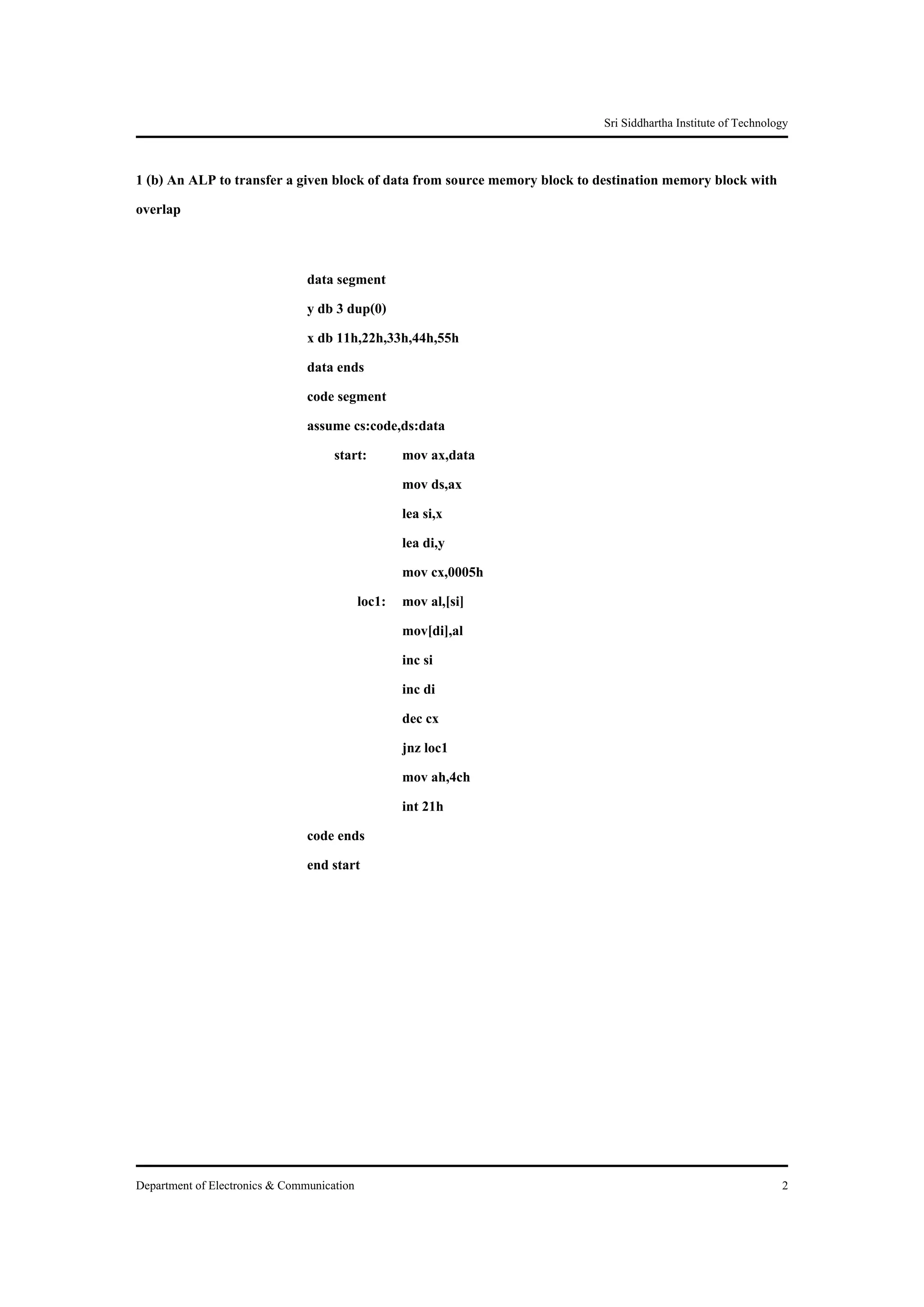 Sri Siddhartha Institute of Technology


1 (b) An ALP to transfer a given block of data from source memory block to destination memory block with
overlap


                                data segment
                                y db 3 dup(0)
                                x db 11h,22h,33h,44h,55h
                                data ends
                                code segment
                                assume cs:code,ds:data
                                    start:     mov ax,data
                                               mov ds,ax
                                               lea si,x
                                               lea di,y
                                               mov cx,0005h
                                        loc1: mov al,[si]
                                               mov[di],al
                                               inc si
                                               inc di
                                               dec cx
                                               jnz loc1
                                               mov ah,4ch
                                               int 21h
                                code ends
                                end start




Department of Electronics & Communication                                                                      2
 