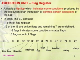 12
EXECUTION UNIT – Flag Register
• A flag is a flip flop which indicates some conditions produced by
the execution of an instruction or controls certain operations of
the EU .
• In 8086 The EU contains
 a 16 bit flag register
9 of the 16 are active flags and remaining 7 are undefined.
 6 flags indicates some conditions- status flags
3 flags –control Flags
U U U U OF DF IF TF SF ZF U AF U PF U CF
Carry
Over flow Direction
Interrupt Trap
Sign
Zero
Auxiliary
Parity
U - Unused
 