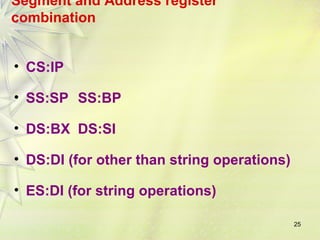 25
Segment and Address register
combination
• CS:IP
• SS:SP SS:BP
• DS:BX DS:SI
• DS:DI (for other than string operations)
• ES:DI (for string operations)
 