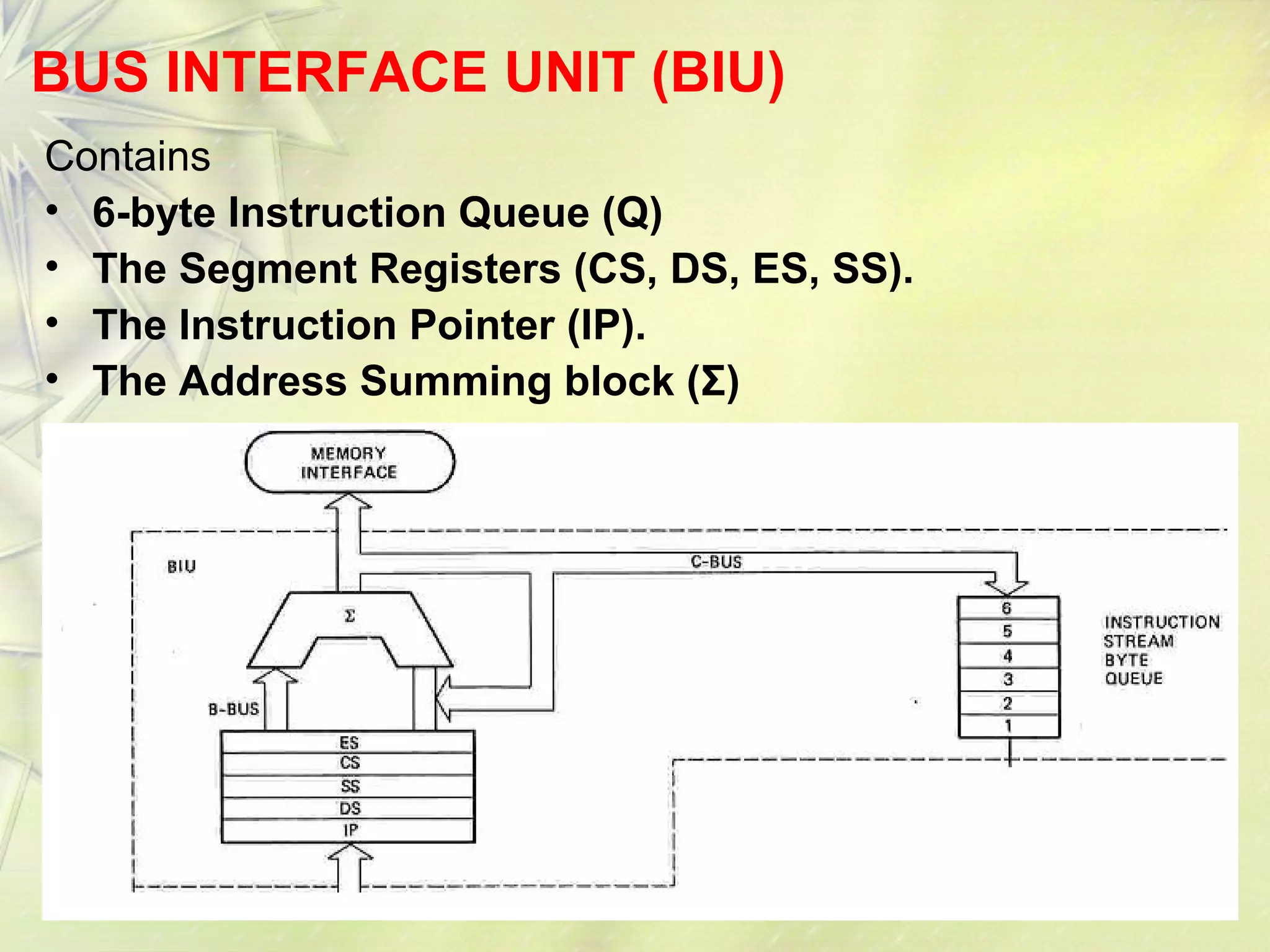 16
BUS INTERFACE UNIT (BIU)
Contains
• 6-byte Instruction Queue (Q)
• The Segment Registers (CS, DS, ES, SS).
• The Instruction Pointer (IP).
• The Address Summing block (Σ)
 