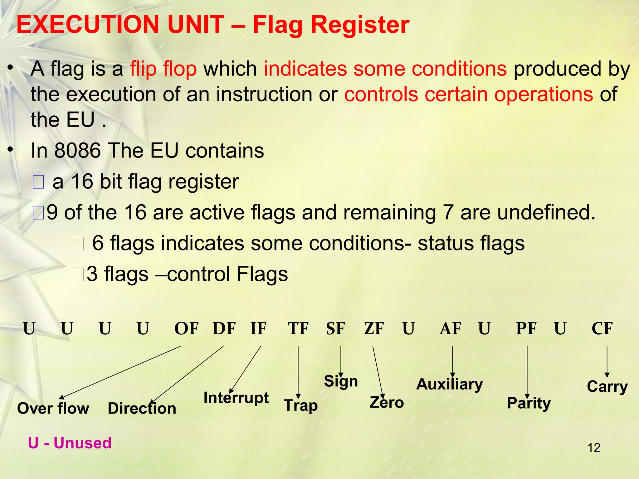 12
EXECUTION UNIT – Flag Register
• A flag is a flip flop which indicates some conditions produced by
the execution of an instruction or controls certain operations of
the EU .
• In 8086 The EU contains
 a 16 bit flag register
9 of the 16 are active flags and remaining 7 are undefined.
 6 flags indicates some conditions- status flags
3 flags –control Flags
U U U U OF DF IF TF SF ZF U AF U PF U CF
Carry
Over flow Direction
Interrupt Trap
Sign
Zero
Auxiliary
Parity
U - Unused
 