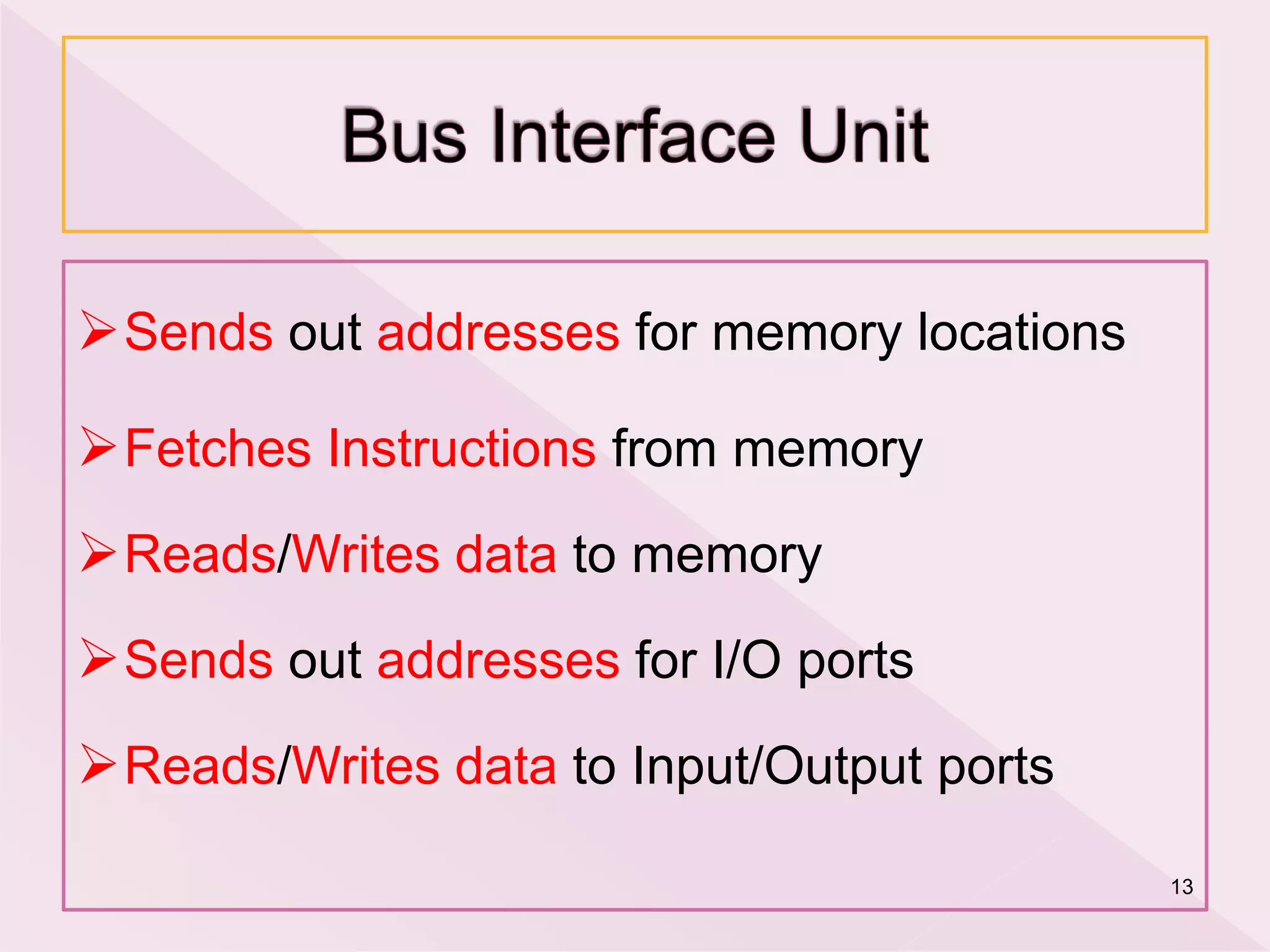 Sends out addresses for memory locations
Fetches Instructions from memory
Reads/Writes data to memory
Sends out addresses for I/O ports
Reads/Writes data to Input/Output ports
13
 