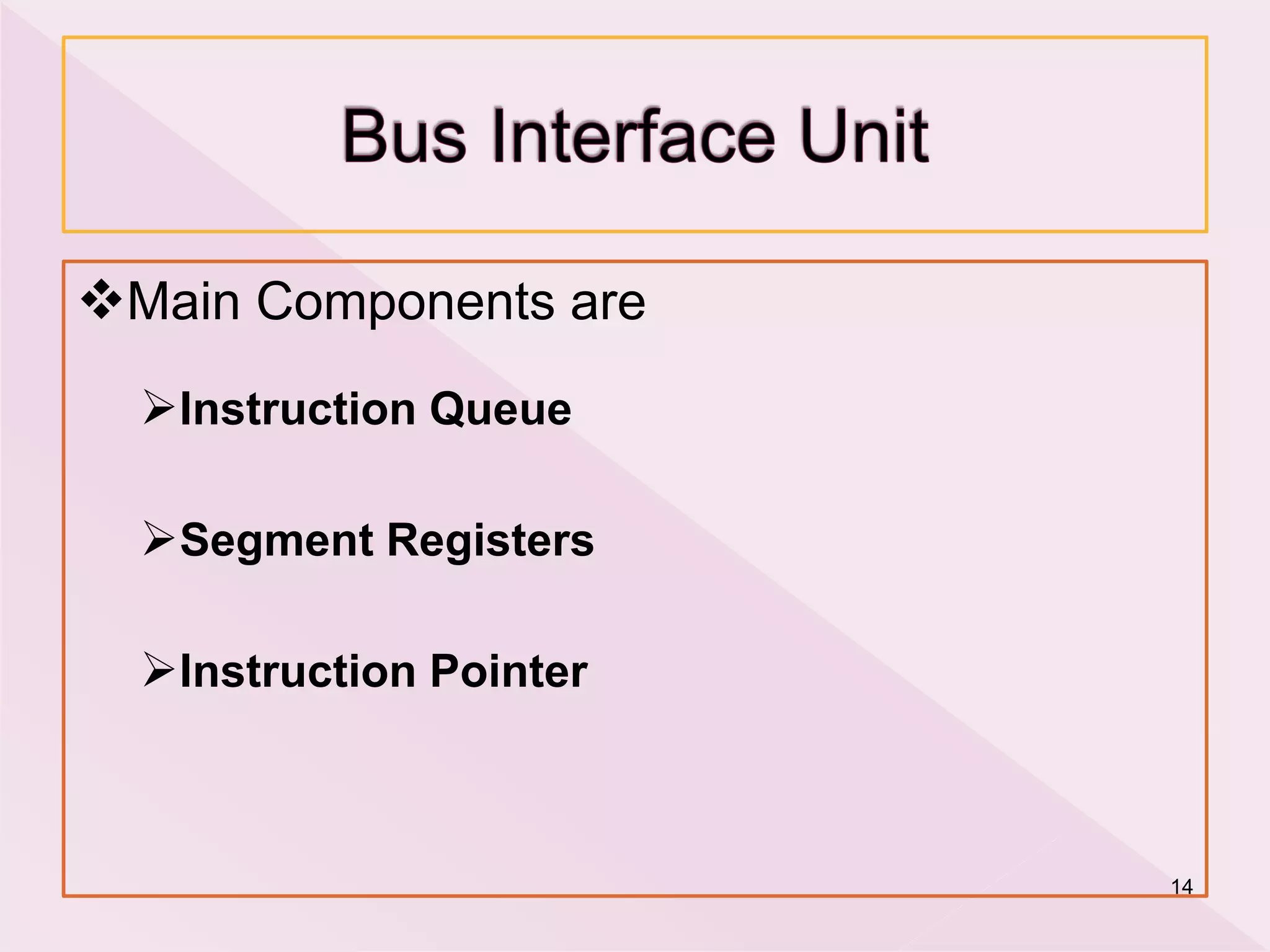 Main Components are
Instruction Queue
Segment Registers
Instruction Pointer
14
 