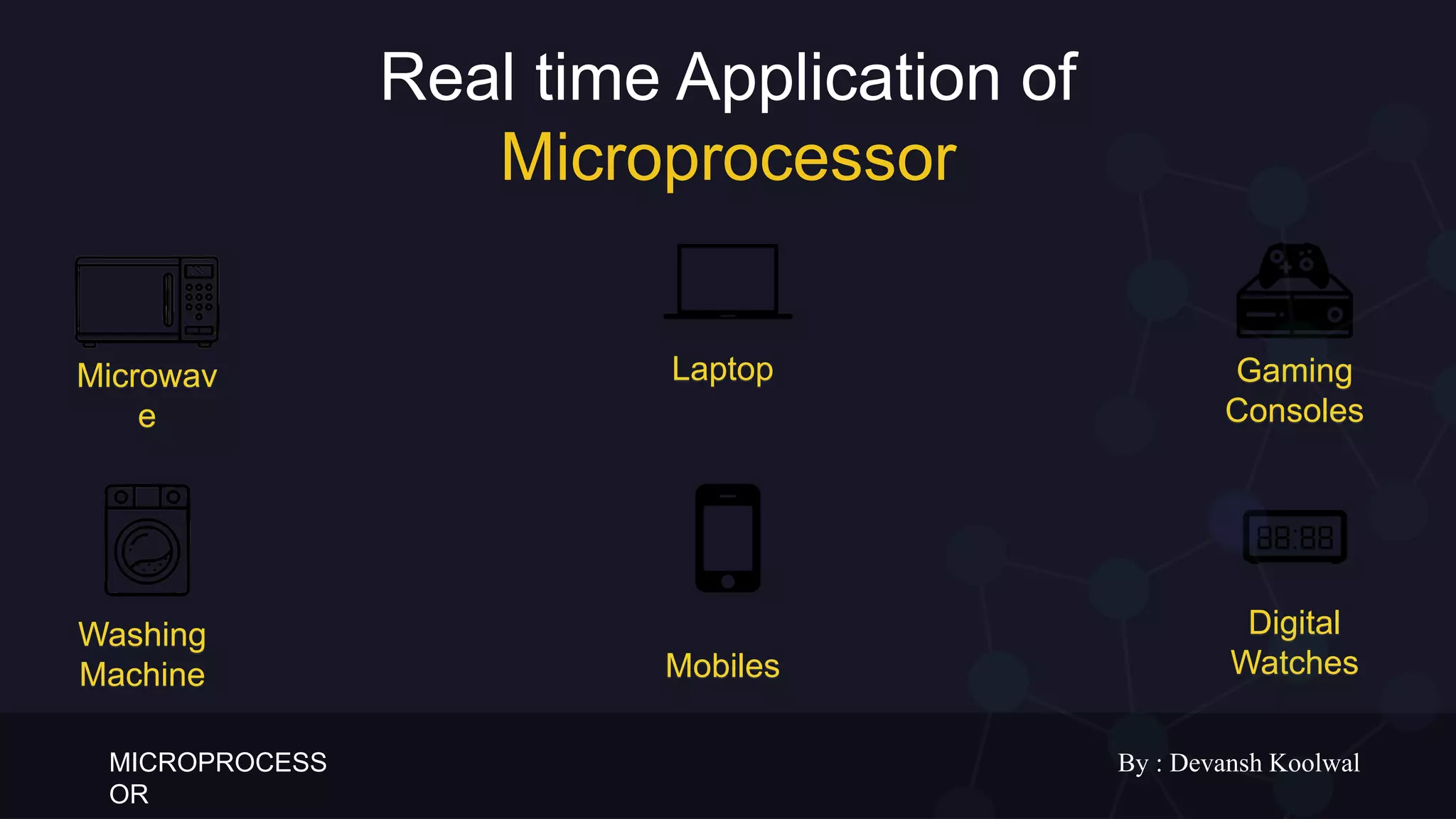 MICROPROCESS
OR
By : Devansh Koolwal
Real time Application of
Microprocessor
Microwav
e
Laptop Gaming
Consoles
Washing
Machine Mobiles
Digital
Watches
 