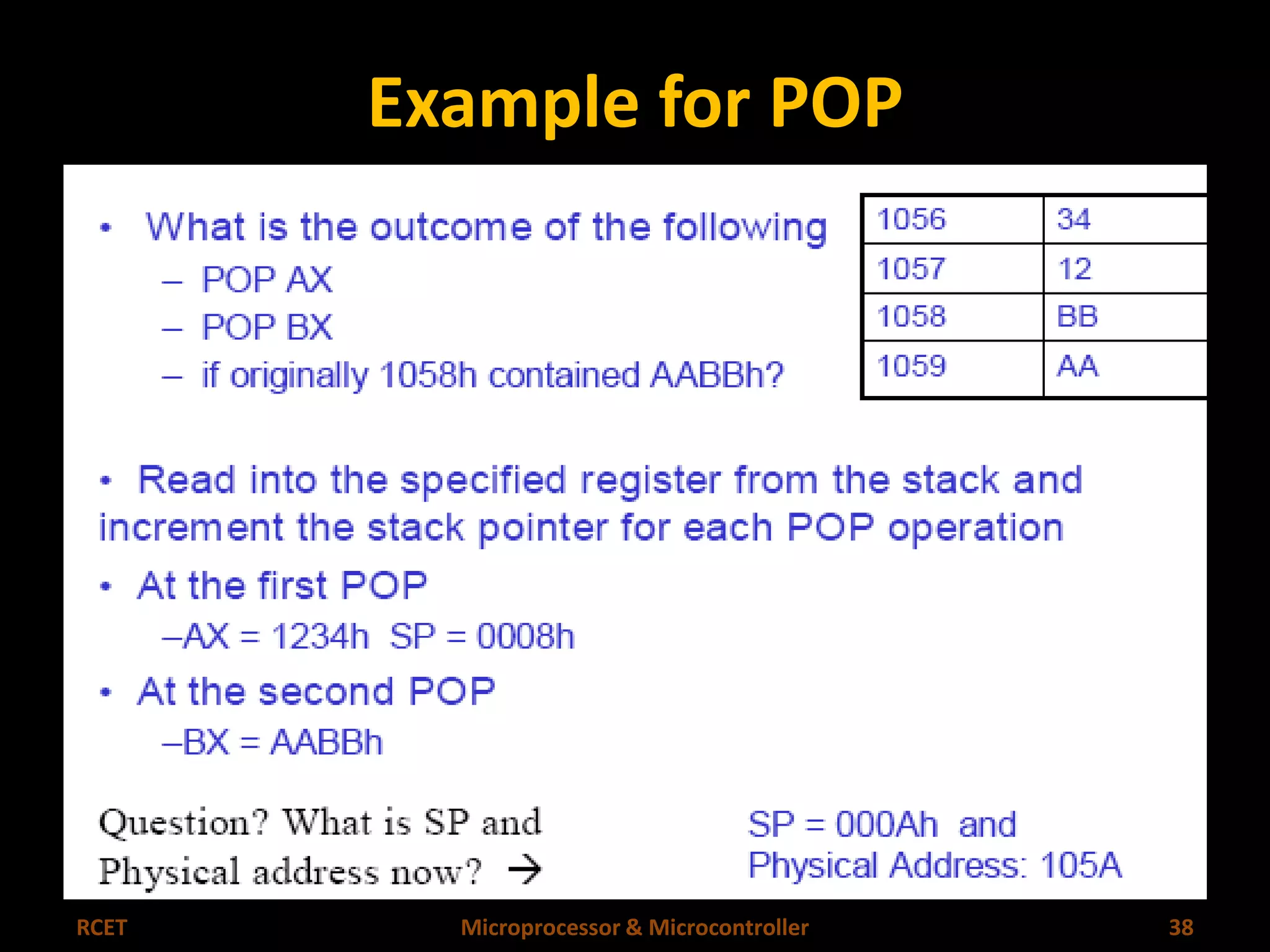 Example for POP 
RCET Microprocessor & Microcontroller 38 
 