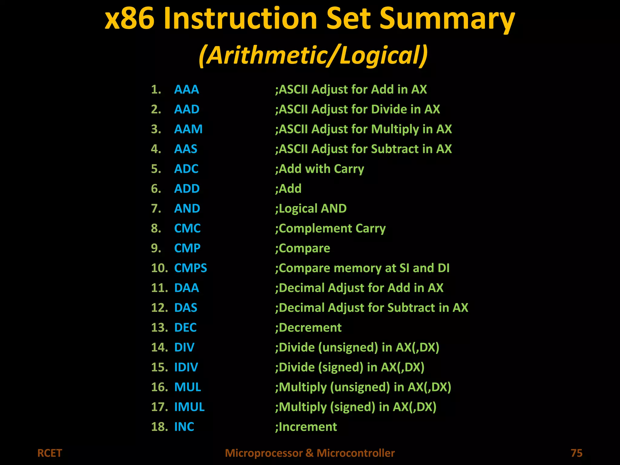 x86 Instruction Set Summary 
(Arithmetic/Logical) 
1. AAA ;ASCII Adjust for Add in AX 
2. AAD ;ASCII Adjust for Divide in AX 
3. AAM ;ASCII Adjust for Multiply in AX 
4. AAS ;ASCII Adjust for Subtract in AX 
5. ADC ;Add with Carry 
6. ADD ;Add 
7. AND ;Logical AND 
8. CMC ;Complement Carry 
9. CMP ;Compare 
10. CMPS ;Compare memory at SI and DI 
11. DAA ;Decimal Adjust for Add in AX 
12. DAS ;Decimal Adjust for Subtract in AX 
13. DEC ;Decrement 
14. DIV ;Divide (unsigned) in AX(,DX) 
15. IDIV ;Divide (signed) in AX(,DX) 
16. MUL ;Multiply (unsigned) in AX(,DX) 
17. IMUL ;Multiply (signed) in AX(,DX) 
18. INC ;Increment 
RCET Microprocessor & Microcontroller 75 
 