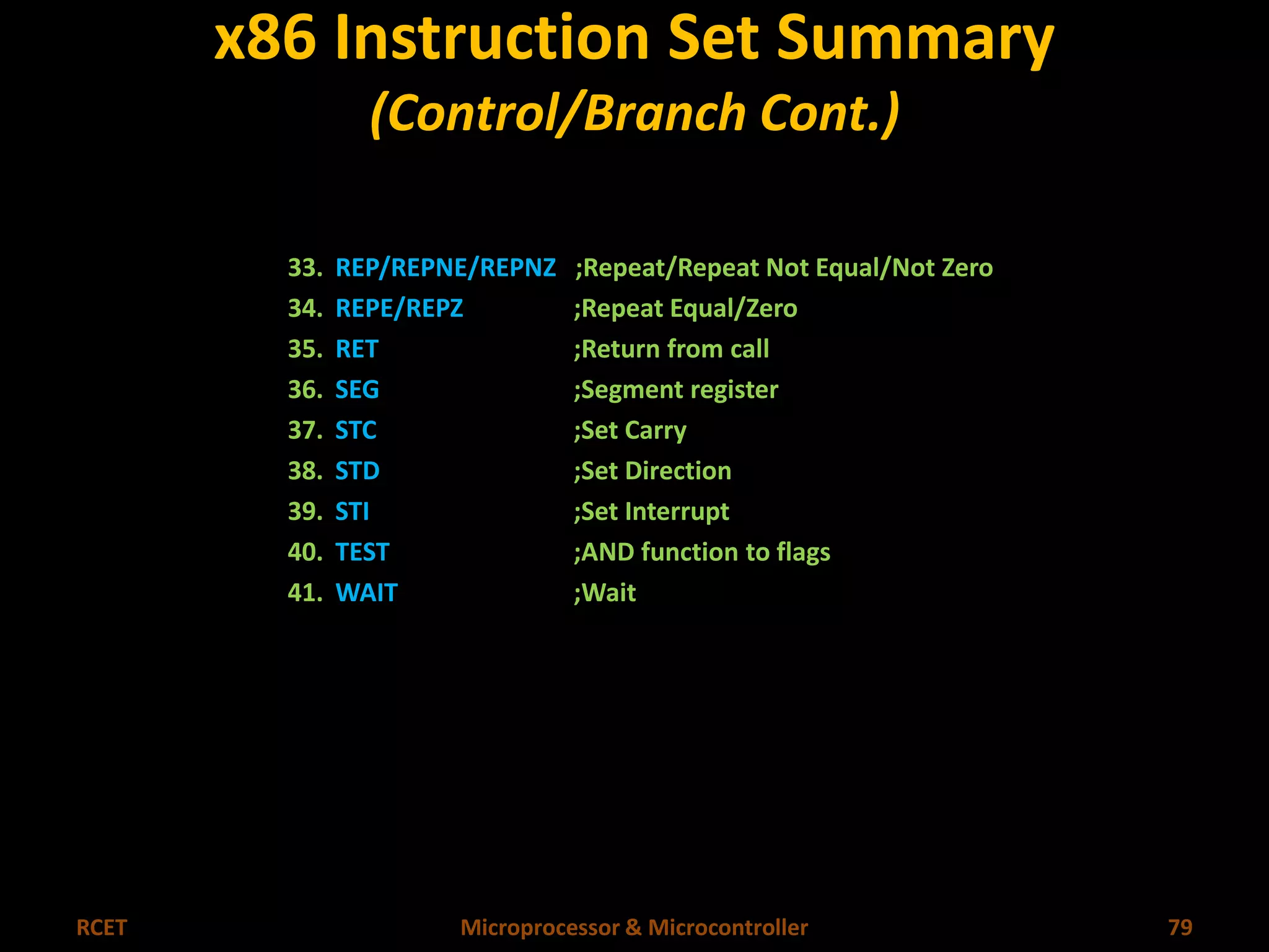 x86 Instruction Set Summary 
(Control/Branch Cont.) 
33. REP/REPNE/REPNZ ;Repeat/Repeat Not Equal/Not Zero 
34. REPE/REPZ ;Repeat Equal/Zero 
35. RET ;Return from call 
36. SEG ;Segment register 
37. STC ;Set Carry 
38. STD ;Set Direction 
39. STI ;Set Interrupt 
40. TEST ;AND function to flags 
41. WAIT ;Wait 
RCET Microprocessor & Microcontroller 79 
 