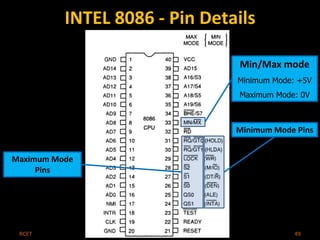 INTEL 8086 - Pin Details 
Min/Max mode 
Minimum Mode: +5V 
Maximum Mode: 0V 
Minimum Mode Pins 
Maximum Mode 
Pins 
RCET Microprocessor & Microcontroller 49 
 