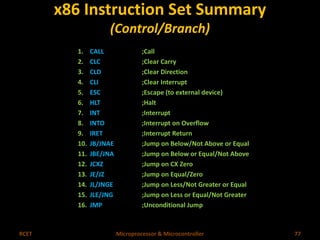 x86 Instruction Set Summary 
(Control/Branch) 
1. CALL ;Call 
2. CLC ;Clear Carry 
3. CLD ;Clear Direction 
4. CLI ;Clear Interrupt 
5. ESC ;Escape (to external device) 
6. HLT ;Halt 
7. INT ;Interrupt 
8. INTO ;Interrupt on Overflow 
9. IRET ;Interrupt Return 
10. JB/JNAE ;Jump on Below/Not Above or Equal 
11. JBE/JNA ;Jump on Below or Equal/Not Above 
12. JCXZ ;Jump on CX Zero 
13. JE/JZ ;Jump on Equal/Zero 
14. JL/JNGE ;Jump on Less/Not Greater or Equal 
15. JLE/JNG ;Jump on Less or Equal/Not Greater 
16. JMP ;Unconditional Jump 
RCET Microprocessor & Microcontroller 77 
 