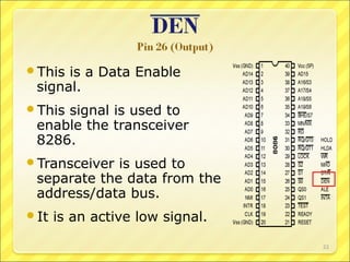 This

is a Data Enable
signal.

This

signal is used to
enable the transceiver
8286.

Transceiver

is used to
separate the data from the
address/data bus.

It

is an active low signal.
22

 