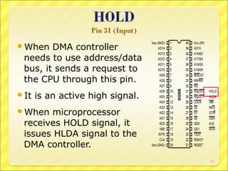 When

DMA controller
needs to use address/data
bus, it sends a request to
the CPU through this pin.

It

is an active high signal.

When

microprocessor
receives HOLD signal, it
issues HLDA signal to the
DMA controller.
27

 