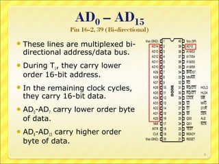  These

lines are multiplexed bidirectional address/data bus.

 During

T1, they carry lower
order 16-bit address.

 In

the remaining clock cycles,
they carry 16-bit data.

 AD0-AD7

carry lower order byte

of data.

 AD8-AD15

carry higher order
byte of data.
6

 