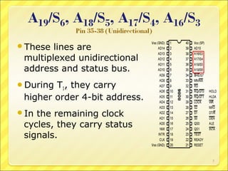 These

lines are
multiplexed unidirectional
address and status bus.

During

T1, they carry
higher order 4-bit address.

In

the remaining clock
cycles, they carry status
signals.
7

 