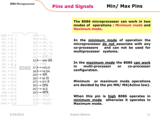 Pins and Signals
8086 Microprocessor
11
Min/ Max Pins
The 8086 microprocessor can work in two
modes of operations : Minimum mode and
Maximum mode.
In the minimum mode of operation the
microprocessor do not associate with any
co-processors and can not be used for
multiprocessor systems.
In the maximum mode the 8086 can work
in multi-processor or co-processor
configuration.
Minimum or maximum mode operations
are decided by the pin MN/ MX(Active low).
When this pin is high 8086 operates in
minimum mode otherwise it operates in
Maximum mode.
3/29/2016 Sukant Behera
 
