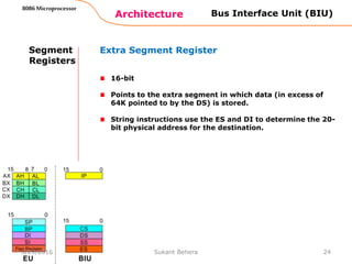 Architecture
8086 Microprocessor
24
Bus Interface Unit (BIU)
Segment
Registers
Extra Segment Register
16-bit
Points to the extra segment in which data (in excess of
64K pointed to by the DS) is stored.
String instructions use the ES and DI to determine the 20-
bit physical address for the destination.
3/29/2016 Sukant Behera
 