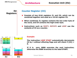 Architecture
8086 Microprocessor
30
EU
Registers
Counter Register (CX)
Consists of two 8-bit registers CL and CH, which can be
combined together and used as a 16-bit register CX.
When combined, CL register contains the low order byte of
the word, and CH contains the high-order byte.
Instructions such as SHIFT, ROTATE and LOOP use the
contents of CX as a counter.
Execution Unit (EU)
Example:
The instruction LOOP START automatically decrements
CX by 1 without affecting flags and will check if [CX] =
0.
If it is zero, 8086 executes the next instruction;
otherwise the 8086 branches to the label START.
3/29/2016 Sukant Behera
 