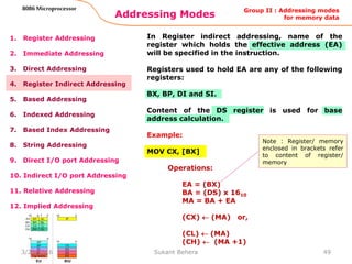 Addressing Modes
49
8086 Microprocessor
1. Register Addressing
2. Immediate Addressing
3. Direct Addressing
4. Register Indirect Addressing
5. Based Addressing
6. Indexed Addressing
7. Based Index Addressing
8. String Addressing
9. Direct I/O port Addressing
10. Indirect I/O port Addressing
11. Relative Addressing
12. Implied Addressing
In Register indirect addressing, name of the
register which holds the effective address (EA)
will be specified in the instruction.
Registers used to hold EA are any of the following
registers:
BX, BP, DI and SI.
Content of the DS register is used for base
address calculation.
Example:
MOV CX, [BX]
Operations:
EA = (BX)
BA = (DS) x 1610
MA = BA + EA
(CX)  (MA) or,
(CL)  (MA)
(CH)  (MA +1)
Group II : Addressing modes
for memory data
Note : Register/ memory
enclosed in brackets refer
to content of register/
memory
3/29/2016 Sukant Behera
 