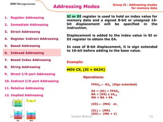 Addressing Modes
51
8086 Microprocessor
1. Register Addressing
2. Immediate Addressing
3. Direct Addressing
4. Register Indirect Addressing
5. Based Addressing
6. Indexed Addressing
7. Based Index Addressing
8. String Addressing
9. Direct I/O port Addressing
10. Indirect I/O port Addressing
11. Relative Addressing
12. Implied Addressing
SI or DI register is used to hold an index value for
memory data and a signed 8-bit or unsigned 16-
bit displacement will be specified in the
instruction.
Displacement is added to the index value in SI or
DI register to obtain the EA.
In case of 8-bit displacement, it is sign extended
to 16-bit before adding to the base value.
Example:
MOV CX, [SI + 0A2H]
Operations:
FFA2H  A2H (Sign extended)
EA = (SI) + FFA2H
BA = (DS) x 1610
MA = BA + EA
(CX)  (MA) or,
(CL)  (MA)
(CH)  (MA + 1)
Group II : Addressing modes
for memory data
3/29/2016 Sukant Behera
 