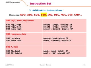2. Arithmetic Instructions
Instruction Set
66
8086 Microprocessor
Mnemonics: ADD, ADC, SUB, SBB, INC, DEC, MUL, DIV, CMP…
SBB reg2/ mem, reg1/mem
SBB reg2, reg1
SBB reg2, mem
SBB mem, reg1
(reg2)  (reg1) - (reg2) - CF
(reg2)  (reg2) - (mem)- CF
(mem)  (mem) - (reg1) –CF
SBB reg/mem, data
SBB reg, data
SBB mem, data
(reg)  (reg) – data - CF
(mem)  (mem) - data - CF
SBB A, data
SBB AL, data8
SBB AX, data16
(AL)  (AL) - data8 - CF
(AX)  (AX) - data16 - CF
3/29/2016 Sukant Behera
 