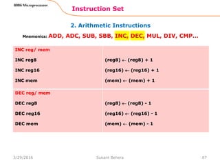 2. Arithmetic Instructions
Instruction Set
67
8086 Microprocessor
Mnemonics: ADD, ADC, SUB, SBB, INC, DEC, MUL, DIV, CMP…
INC reg/ mem
INC reg8
INC reg16
INC mem
(reg8)  (reg8) + 1
(reg16)  (reg16) + 1
(mem)  (mem) + 1
DEC reg/ mem
DEC reg8
DEC reg16
DEC mem
(reg8)  (reg8) - 1
(reg16)  (reg16) - 1
(mem)  (mem) - 1
3/29/2016 Sukant Behera
 
