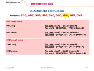 2. Arithmetic Instructions
Instruction Set
68
8086 Microprocessor
Mnemonics: ADD, ADC, SUB, SBB, INC, DEC, MUL, DIV, CMP…
MUL reg/ mem
MUL reg
MUL mem
For byte : (AX)  (AL) x (reg8)
For word : (DX)(AX)  (AX) x (reg16)
For byte : (AX)  (AL) x (mem8)
For word : (DX)(AX)  (AX) x (mem16)
IMUL reg/ mem
IMUL reg
IMUL mem
For byte : (AX)  (AL) x (reg8)
For word : (DX)(AX)  (AX) x (reg16)
For byte : (AX)  (AX) x (mem8)
For word : (DX)(AX)  (AX) x (mem16)
3/29/2016 Sukant Behera
 