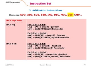 2. Arithmetic Instructions
Instruction Set
70
8086 Microprocessor
Mnemonics: ADD, ADC, SUB, SBB, INC, DEC, MUL, DIV, CMP…
IDIV reg/ mem
IDIV reg
IDIV mem
For 16-bit :- 8-bit :
(AL)  (AX) :- (reg8) Quotient
(AH)  (AX) MOD(reg8) Remainder
For 32-bit :- 16-bit :
(AX)  (DX)(AX) :- (reg16) Quotient
(DX)  (DX)(AX) MOD(reg16) Remainder
For 16-bit :- 8-bit :
(AL)  (AX) :- (mem8) Quotient
(AH)  (AX) MOD(mem8) Remainder
For 32-bit :- 16-bit :
(AX)  (DX)(AX) :- (mem16) Quotient
(DX)  (DX)(AX) MOD(mem16) Remainder
3/29/2016 Sukant Behera
 