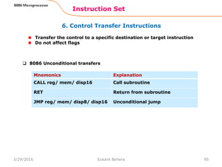 6. Control Transfer Instructions
Instruction Set
90
8086 Microprocessor
Transfer the control to a specific destination or target instruction
Do not affect flags
Mnemonics Explanation
CALL reg/ mem/ disp16 Call subroutine
RET Return from subroutine
JMP reg/ mem/ disp8/ disp16 Unconditional jump
 8086 Unconditional transfers
3/29/2016 Sukant Behera
 