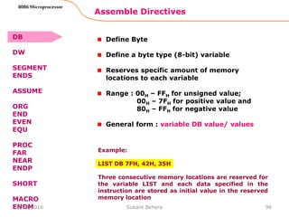 Assemble Directives
96
8086 Microprocessor
Define Byte
Define a byte type (8-bit) variable
Reserves specific amount of memory
locations to each variable
Range : 00H – FFH for unsigned value;
00H – 7FH for positive value and
80H – FFH for negative value
General form : variable DB value/ values
Example:
LIST DB 7FH, 42H, 35H
Three consecutive memory locations are reserved for
the variable LIST and each data specified in the
instruction are stored as initial value in the reserved
memory location
DB
DW
SEGMENT
ENDS
ASSUME
ORG
END
EVEN
EQU
PROC
FAR
NEAR
ENDP
SHORT
MACRO
ENDM3/29/2016 Sukant Behera
 