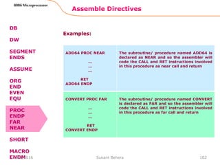Assemble Directives
102
8086 Microprocessor
DB
DW
SEGMENT
ENDS
ASSUME
ORG
END
EVEN
EQU
PROC
ENDP
FAR
NEAR
SHORT
MACRO
ENDM
ADD64 PROC NEAR
…
…
…
RET
ADD64 ENDP
The subroutine/ procedure named ADD64 is
declared as NEAR and so the assembler will
code the CALL and RET instructions involved
in this procedure as near call and return
CONVERT PROC FAR
…
…
…
RET
CONVERT ENDP
The subroutine/ procedure named CONVERT
is declared as FAR and so the assembler will
code the CALL and RET instructions involved
in this procedure as far call and return
Examples:
3/29/2016 Sukant Behera
 
