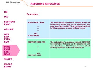 Assemble Directives
104
8086 Microprocessor
DB
DW
SEGMENT
ENDS
ASSUME
ORG
END
EVEN
EQU
PROC
ENDP
FAR
NEAR
SHORT
MACRO
ENDM
ADD64 PROC NEAR
…
…
…
RET
ADD64 ENDP
The subroutine/ procedure named ADD64 is
declared as NEAR and so the assembler will
code the CALL and RET instructions involved
in this procedure as near call and return
CONVERT PROC FAR
…
…
…
RET
CONVERT ENDP
The subroutine/ procedure named CONVERT
is declared as FAR and so the assembler will
code the CALL and RET instructions involved
in this procedure as far call and return
Examples:
 