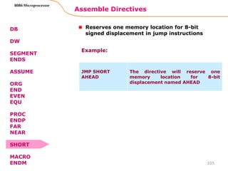 Assemble Directives
105
8086 Microprocessor
DB
DW
SEGMENT
ENDS
ASSUME
ORG
END
EVEN
EQU
PROC
ENDP
FAR
NEAR
SHORT
MACRO
ENDM
Reserves one memory location for 8-bit
signed displacement in jump instructions
JMP SHORT
AHEAD
The directive will reserve one
memory location for 8-bit
displacement named AHEAD
Example:
 