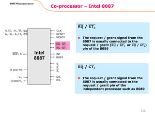 Co-processor – Intel 8087
126
8086 Microprocessor
The request / grant signal from the
8087 is usually connected to the
request / grant (𝐑𝐐 / 𝐆𝐓𝟎 or 𝐑𝐐 / 𝐆𝐓𝟏)
pin of the 8086
𝐑𝐐 / 𝐆𝐓𝟎
The request / grant signal from the
8087 is usually connected to the
request / grant pin of the
independent processor such as 8089
𝐑𝐐 / 𝐆𝐓𝟏
 