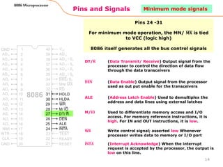 Pins and Signals
8086 Microprocessor
Pins 24 -31
For minimum mode operation, the MN/ 𝐌𝐗 is tied
to VCC (logic high)
8086 itself generates all the bus control signals
DT/𝐑 (Data Transmit/ Receive) Output signal from the
processor to control the direction of data flow
through the data transceivers
𝐃𝐄𝐍 (Data Enable) Output signal from the processor
used as out put enable for the transceivers
ALE (Address Latch Enable) Used to demultiplex the
address and data lines using external latches
M/𝐈𝐎 Used to differentiate memory access and I/O
access. For memory reference instructions, it is
high. For IN and OUT instructions, it is low.
𝐖𝐑 Write control signal; asserted low Whenever
processor writes data to memory or I/O port
𝐈𝐍𝐓𝐀 (Interrupt Acknowledge) When the interrupt
request is accepted by the processor, the output is
low on this line.
14
Minimum mode signals
 