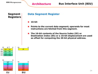 Architecture
8086 Microprocessor
24
Bus Interface Unit (BIU)
Segment
Registers
Data Segment Register
16-bit
Points to the current data segment; operands for most
instructions are fetched from this segment.
The 16-bit contents of the Source Index (SI) or
Destination Index (DI) or a 16-bit displacement are used
as offset for computing the 20-bit physical address.
 